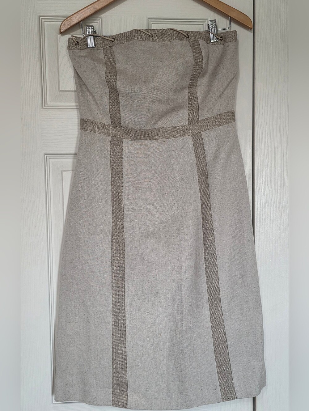 Harve Bernard Strapless Beige Panel A-Line Linen Dress